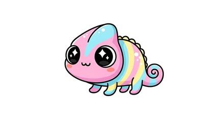 Cute cartoon chameleon with rainbow stripes and big sparkling eyes isolated on white background