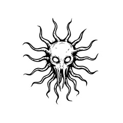 Monochromatic illustration of a stylized skull adorned with radiating tentacles presenting a