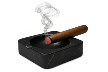 Lit cigar resting on a black marble ashtray with transparent background