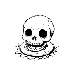 Monochrome skull resting atop a circular puddle a dark abstract design portraying mortality and