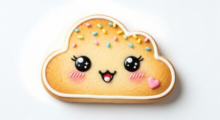 Adorable Kawaii Cloud Cookie With Happy Face Sprinkles Isolated on White Background Cute Dessert