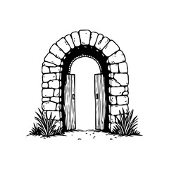 Monochrome stone archway entrance illustration with double wooden doors leading to an unseen world