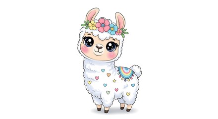 Cute llama cartoon illustration with floral crown and colorful heart pattern isolated on white background
