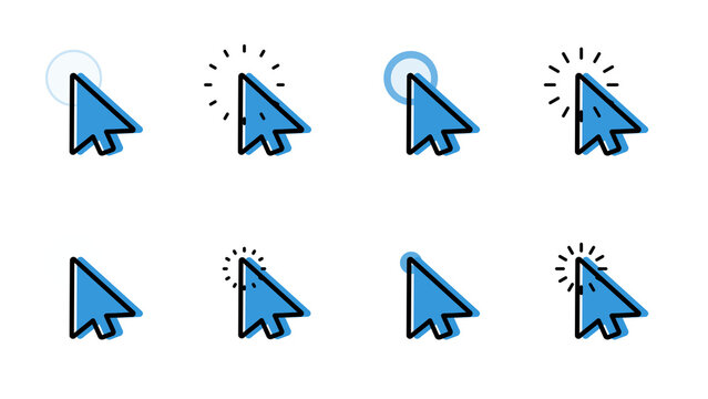 Pack of eight blue mouse pointer cursors with different click, select, idle states. Set of arrows for user interface for web design and navigation isolated on a transparent background.