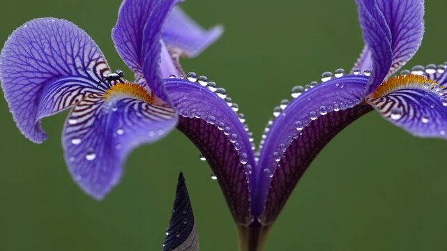Beautiful purple iris flowers with glistening water drops form a captivating seamless pattern against a vibrant green background, adding a touch of elegance and freshness to any design