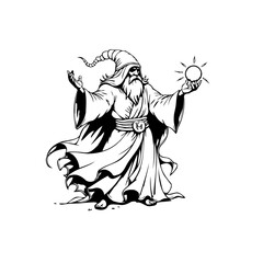 Mystic sorcerer casting spells from sun, an illustration of an elderly wizard conjuring light and