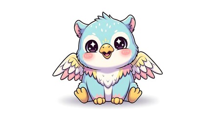 Adorable Baby Griffin Sitting with Wings and Big Sparkly Eyes Isolated on White Background