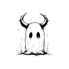 Mystical creature horned apparition artistic drawing monochrome whimsical spooky character