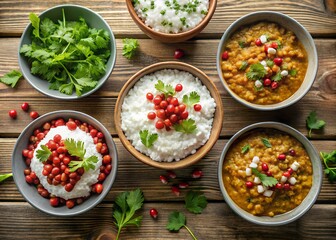 Overhead view of bowls filled with rice dal and greens on wooden table
