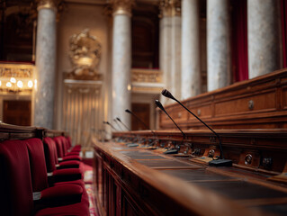 Microphones and red chairs in empty parliament building, politics and debate