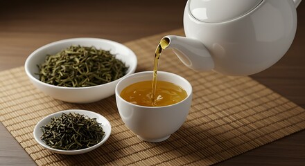 Green Tea Being Poured Into White Cup with Loose Leaf on Bamboo Mat
