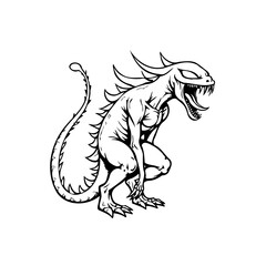 Outlined mythical creature displaying intense teeth and horns with a crouched position with