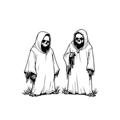 Sinister skeletal apparitions cloaked in white robes evoking an eerie and enigmatic atmosphere of