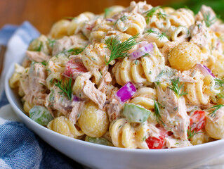Tuna pasta salad with dill, celery, and red onion dressing