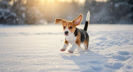 Beagle puppy running in snow