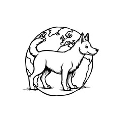 Stylized canine silhouette standing guard over a terrestrial globe symbolizing nature's vigilance