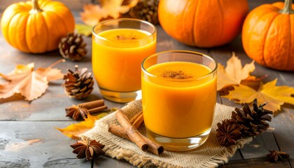 Thanksgiving autumn alcohol drink cocktail beverage with pumpkins and leaves