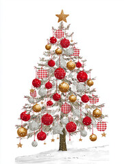 Christmas tree decorated with red and gold gingham ornaments and stars