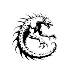 Stylized dragon representation in black and white conveys strength power majesty fierce appearance