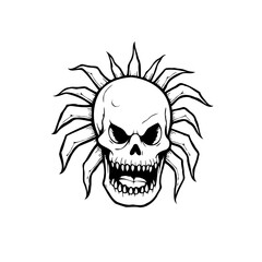 Stylized skull illustration adorned with radiating elements resembling a stylized sunburst