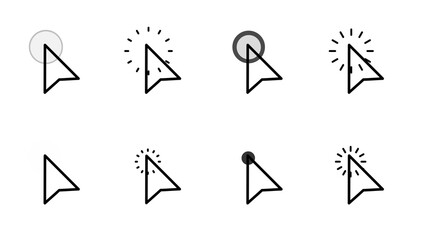 Pack of classic mouse pointers and cursors, in click, select, tap and idle states for user interface design. Isolated elements on a transparent background.