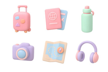 Cute 3D rendered travel essentials icons set featuring luggage, passport, water bottle, camera, map and headphones in soft pastel colors.