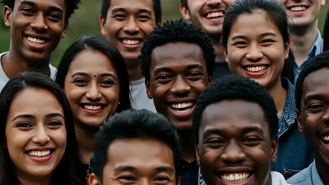 Diverse smiling people gathered unified in joy