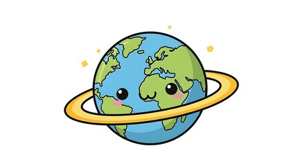 Cute cartoon Earth planet with ring isolated on white background representing global concept