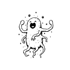 Whimsical cartoon alien character illustration black and white drawing evoking playful emotion for