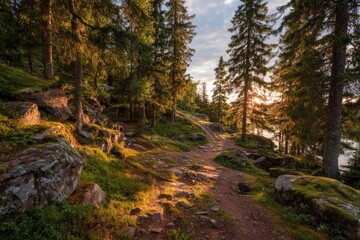 Obraz premium Sunlit forest path by a lake
