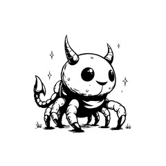 Whimsical horned arachnid illustration featuring cute facial expressions and sparkles creates a