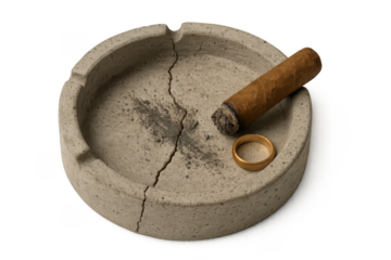Broken concrete ashtray with cigar and wedding ring on transparent background