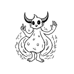 Whimsical horned creature beckons, a simple black and white cartoon drawing ideal for childrens