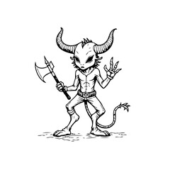Whimsical horned creature holding an axe in a playful stance artwork with striking black outline