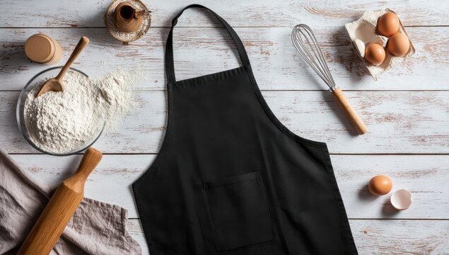 Flat lay of a black apron with baking ingredients