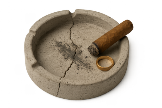Broken concrete ashtray with cigar and wedding ring on transparent background