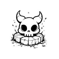Whimsical horned skull perched atop a stylized stone formation in a monochromatic illustration