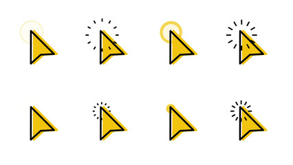 Pack of 8 yellow mouse pointer icons showing click, selection, tap and idle actions. Hand-drawn style cursor graphics for UI/UX design, isolated on a transparent background for easy use.