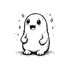 Whimsical monochrome creature joyfully sparkles in illustration a cute monster design with clean