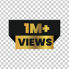 Golden 1m plus views banner with black ribbon and transparent background celebrating social media success and online content popularity