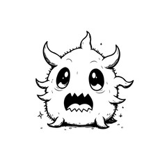 Whimsical monster illustration in black and white featuring a surprised expression and spiky