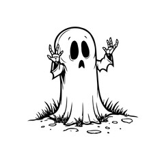 Whimsical spectral apparition in monochrome with expressive hand gestures and earthy grass-like