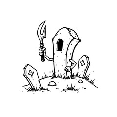 Whimsical tombstone wielding a sickle in a graveyard scene, illustration of cemetery animation
