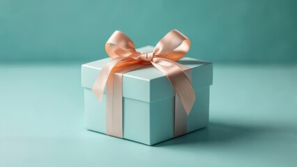 Fototapeta premium Light blue gift box with peach ribbon
