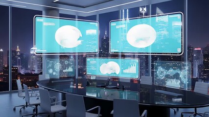 Modern Office Boardroom with City Skyline View and Advanced Technology at Night