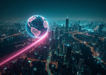 A glowing, digital Earth hovers over a sprawling futuristic cityscape at night, connected by a vibrant beam of light.