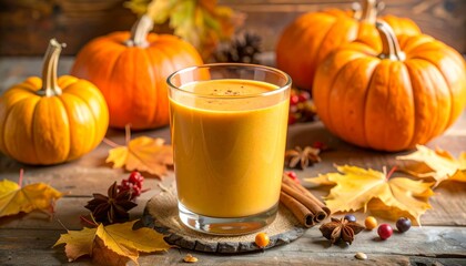 Thanksgiving autumn alcohol drink cocktail beverage with pumpkins and leaves