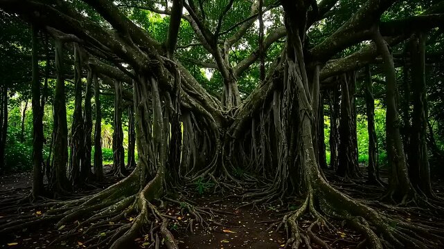 Enchanting banyan tree roots create a natural haven