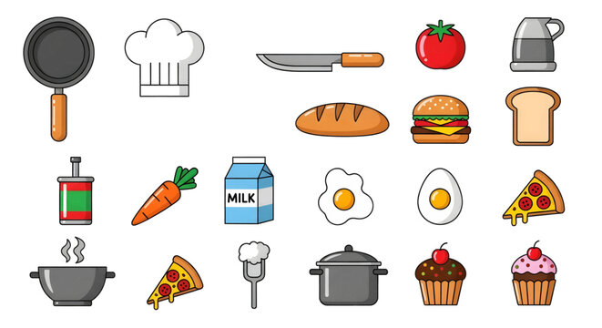 A vibrant, comprehensive set of modern flat vector icons, illustrating essential food items and kitchen utensils, perfect for culinary design and digital menus - Powered by Adobe