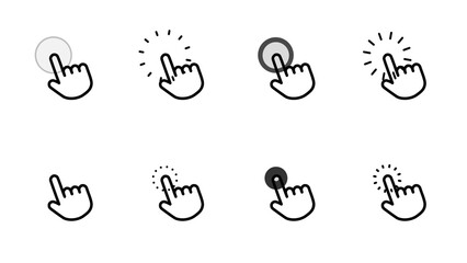 Set of mouse pointer packs showcasing hand cursor in click, select, tap and idle states. These graphic elements are isolated on a transparent background for easy use. For UI/UX design.